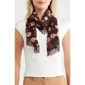 BCBG Floral Shine Crescent Wrap Scarf Burgundy Brown NWT